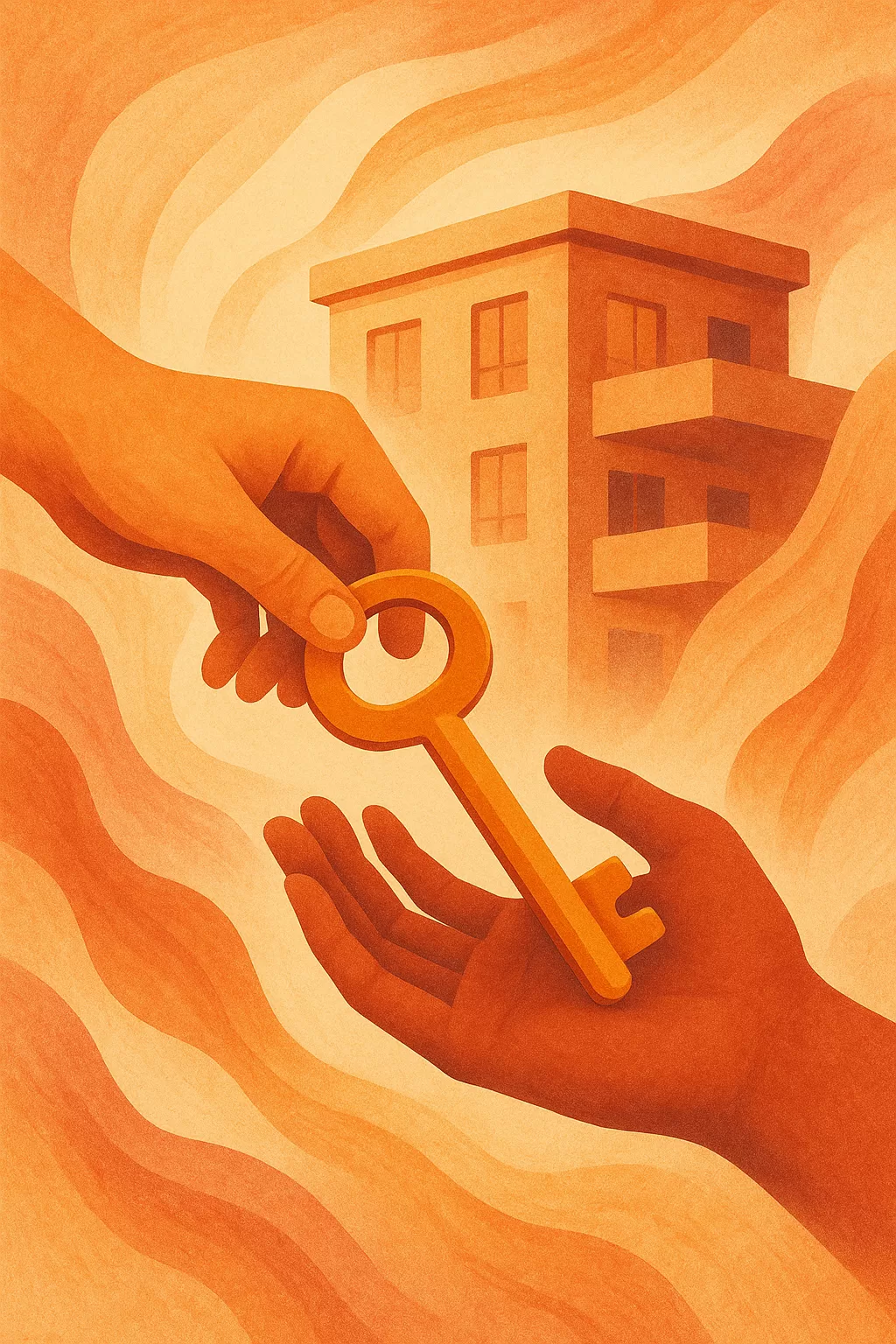 Ilustração estilizada de entrega das chaves ao final de um contrato de locação