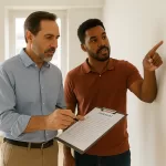 Vistoria detalhada sendo realizada por locador e locatário em imóvel residencial
