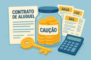 Infográfico digital 3D mostrando um contrato de aluguel, jarro de caução e contas de consumo