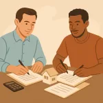 Locador e locatário assinando documentos de encerramento de contrato de aluguel