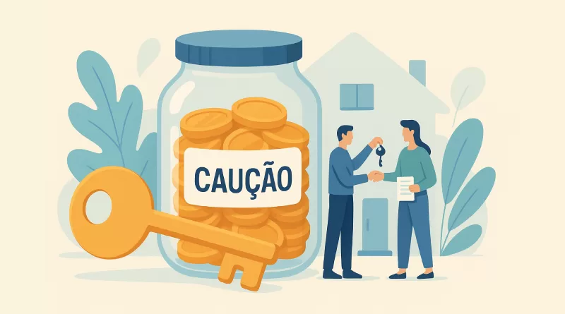 Arte conceitual sobre devolução da caução após entrega das chaves em contrato de aluguel