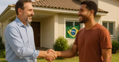 Locador e locatário apertando as mãos em frente a uma casa, simbolizando acordo e confiança no término do contrato