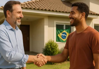 Locador e locatário apertando as mãos em frente a uma casa, simbolizando acordo e confiança no término do contrato