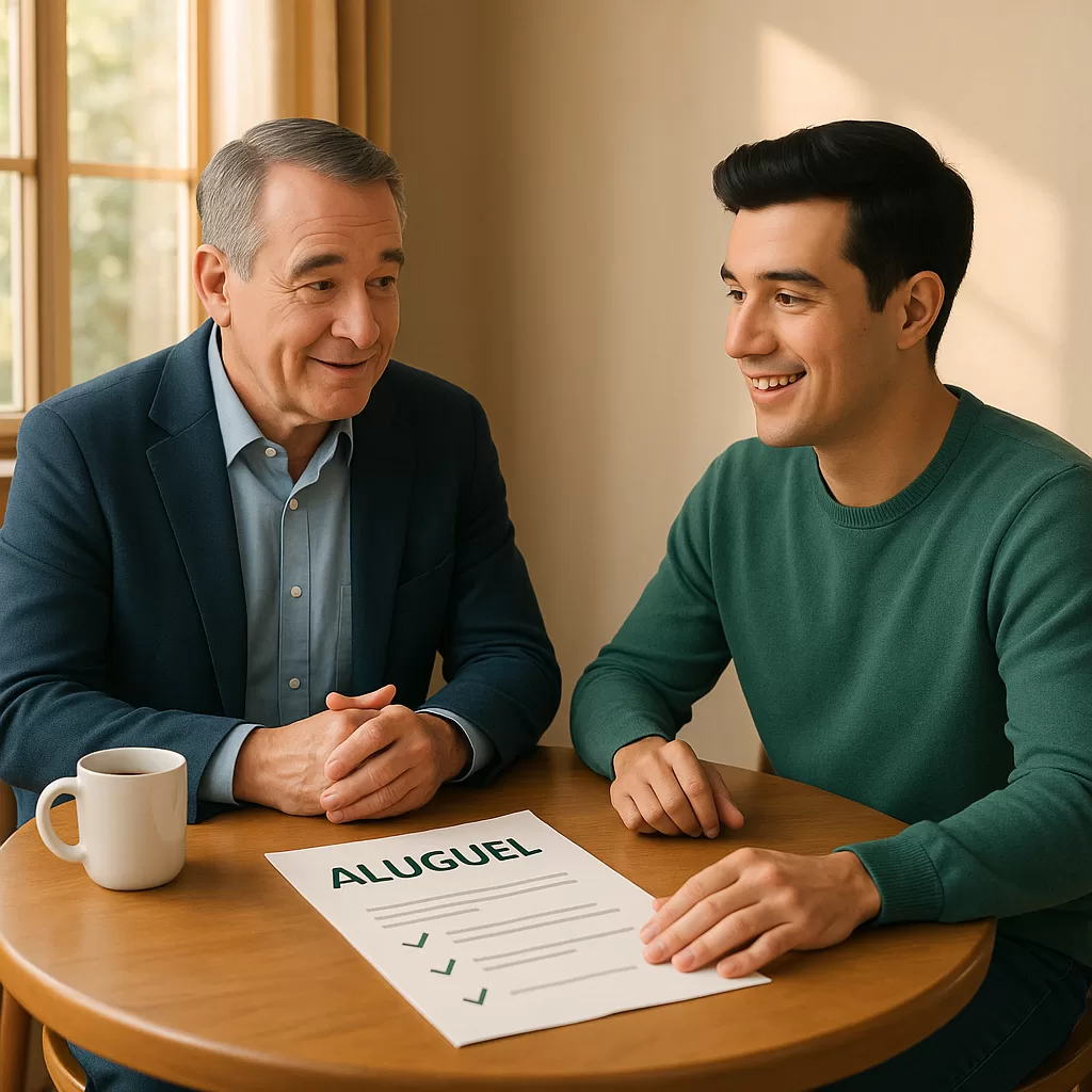 Cena amigável entre locador e inquilino discutindo questões financeiras