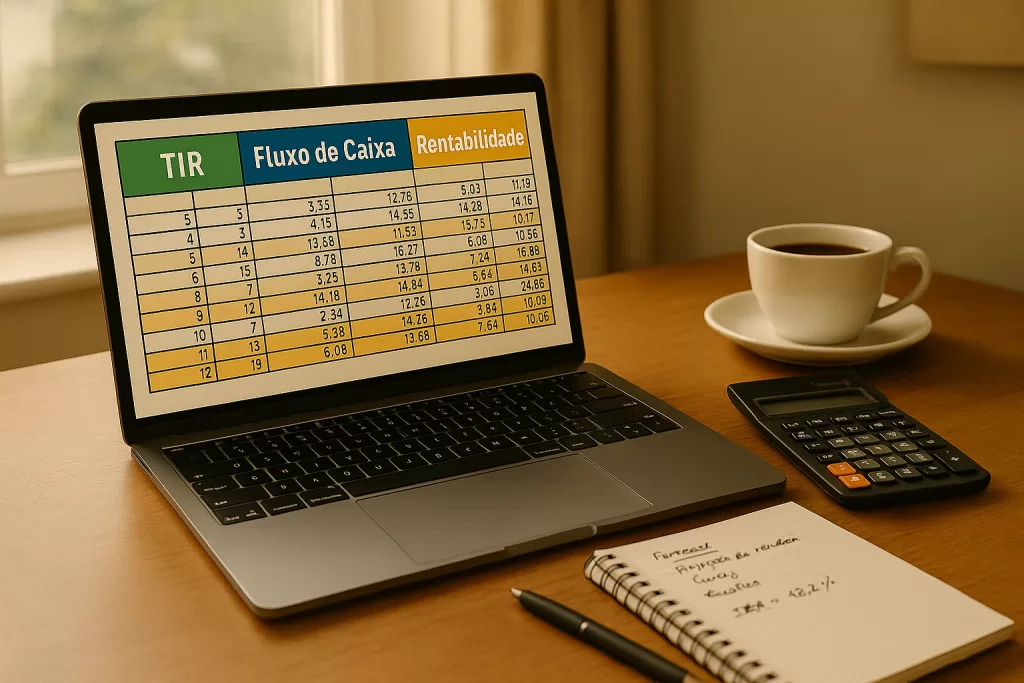 Planilha digital com cálculos de TIR e gráficos de rentabilidade