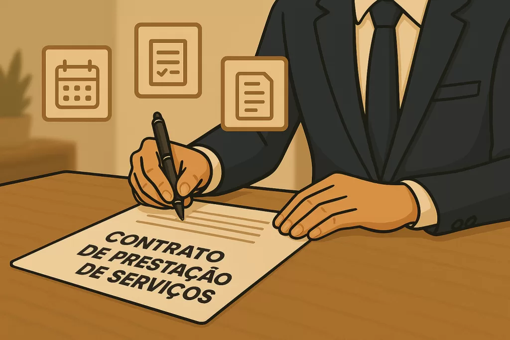 Pessoa assinando um contrato de prestação de serviços habitacionais.