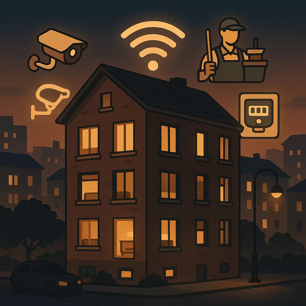 Vista externa de um pequeno prédio urbano com serviços integrados.