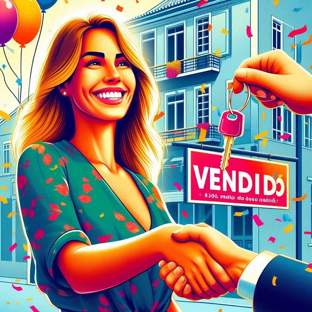 Investidora feliz entregando as chaves do imóvel vendido