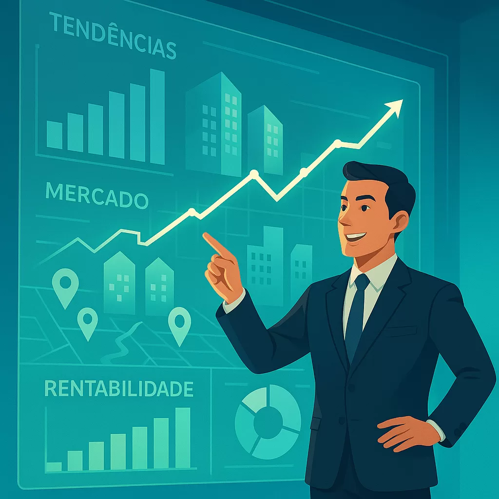 Investidor analisando tendências do mercado imobiliário em um painel digital