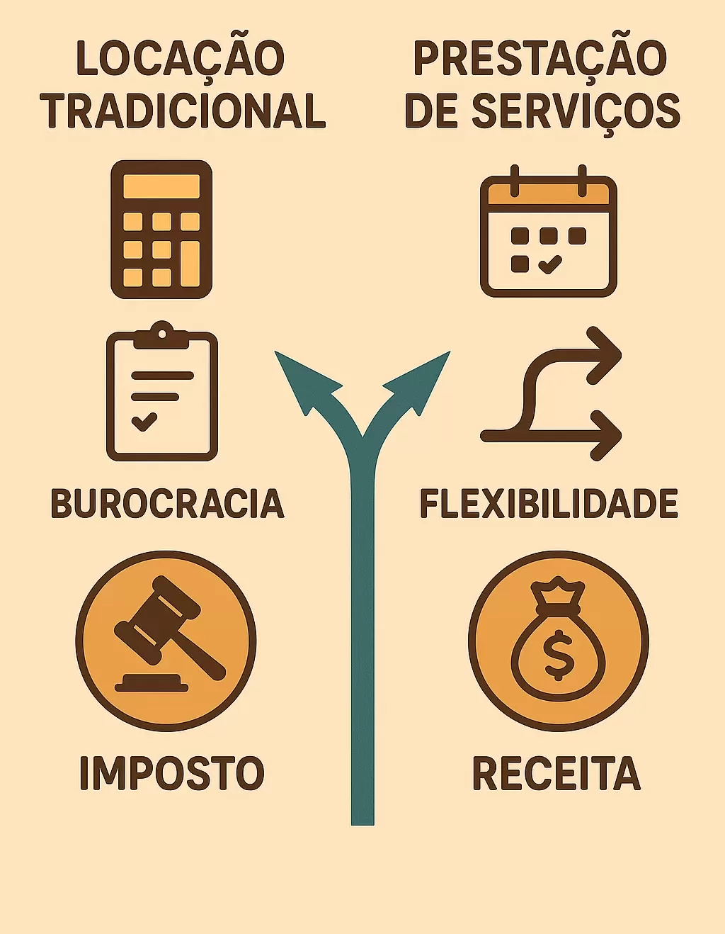 Mapa visual com caminhos entre locação tradicional e prestação de serviços.
