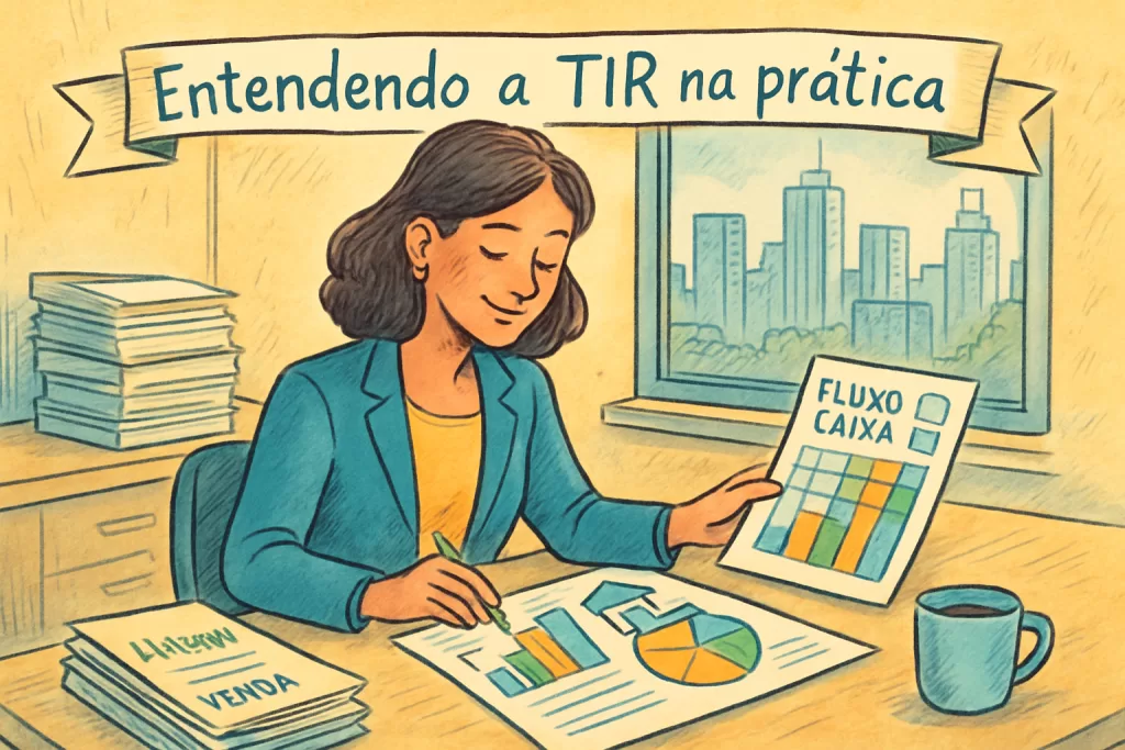 Cena ilustrada de uma investidora analisando planilhas e gráficos de fluxo de caixa imobiliário