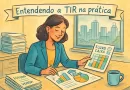 Cena ilustrada de uma investidora analisando planilhas e gráficos de fluxo de caixa imobiliário