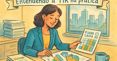 Cena ilustrada de uma investidora analisando planilhas e gráficos de fluxo de caixa imobiliário