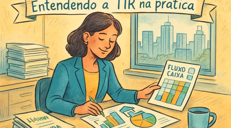 Cena ilustrada de uma investidora analisando planilhas e gráficos de fluxo de caixa imobiliário