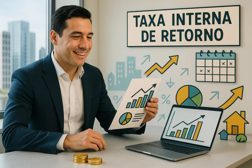 Investidor analisando gráficos de rentabilidade imobiliária em ambiente moderno