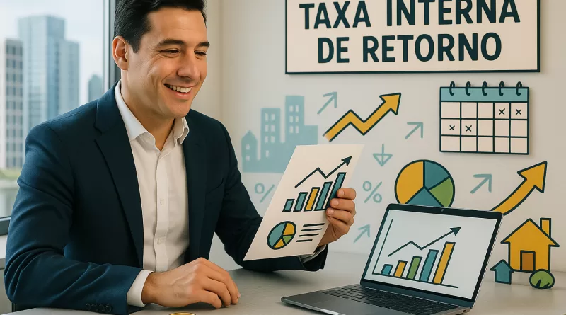 Investidor analisando gráficos de rentabilidade imobiliária em ambiente moderno