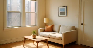 Sala iluminada mostrando sinais de uso natural e pequenos danos em um imóvel alugado