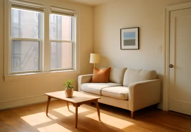 Sala iluminada mostrando sinais de uso natural e pequenos danos em um imóvel alugado