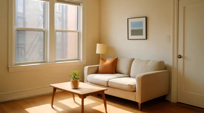 Sala iluminada mostrando sinais de uso natural e pequenos danos em um imóvel alugado