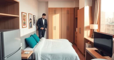 Homem ajustando mobília em uma pequena unidade residencial mobiliada, sugerindo serviço profissional de moradia temporária.