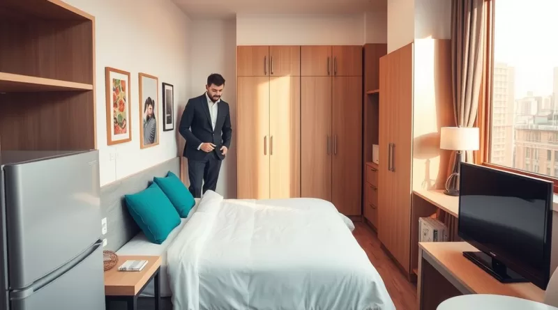 Homem ajustando mobília em uma pequena unidade residencial mobiliada, sugerindo serviço profissional de moradia temporária.