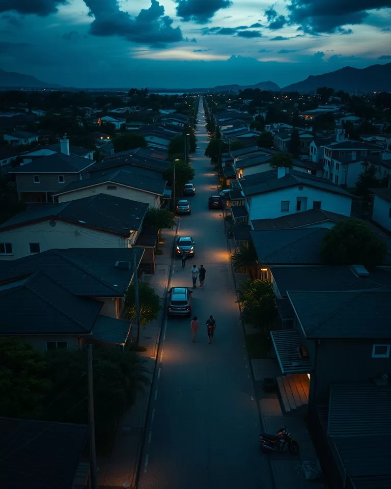 Vista aérea de um bairro residencial urbano com sensação de segurança e tranquilidade