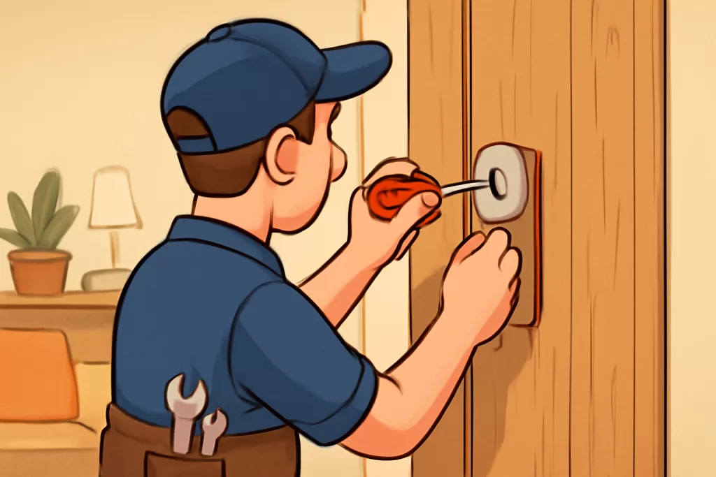 Chaveiro instalando tranca adicional em porta de madeira