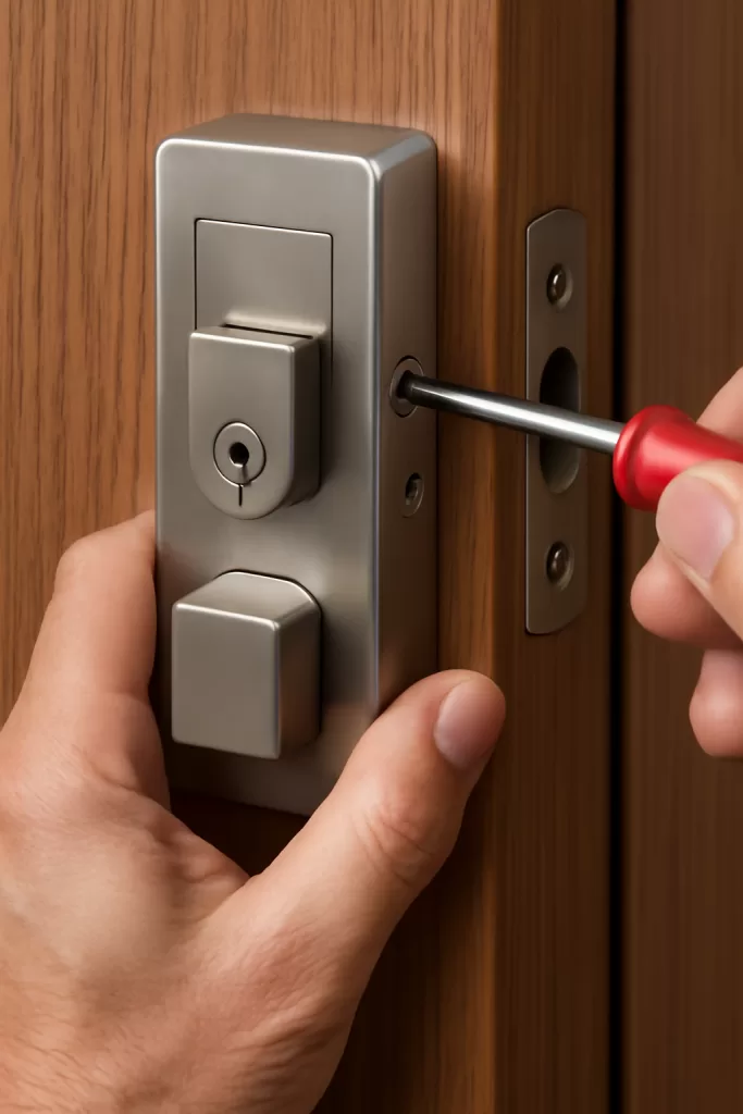 Fechadura tetra moderna instalada em uma porta de madeira