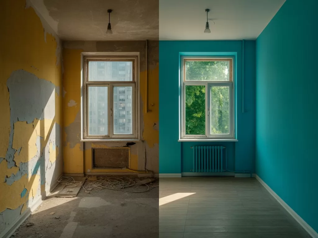 Imóvel mal-cuidado ao lado de imóvel reformado, comparativo de conservação.