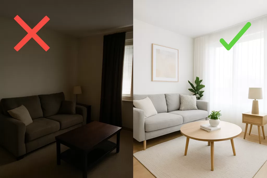 Fotos ruins em anúncios de imóveis comparadas a fotos profissionais.