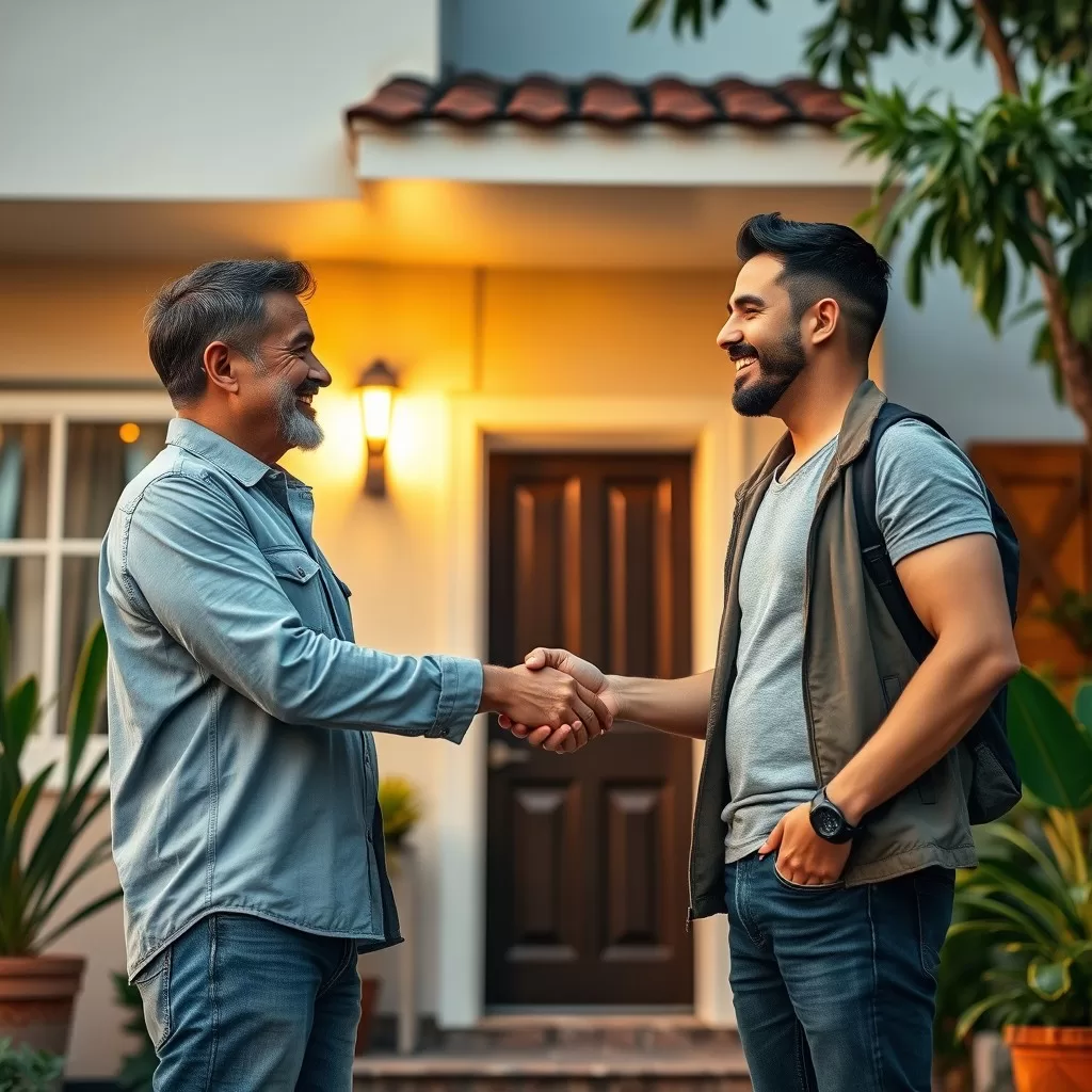 Locador e inquilina conversando de forma amigável em frente a uma casa