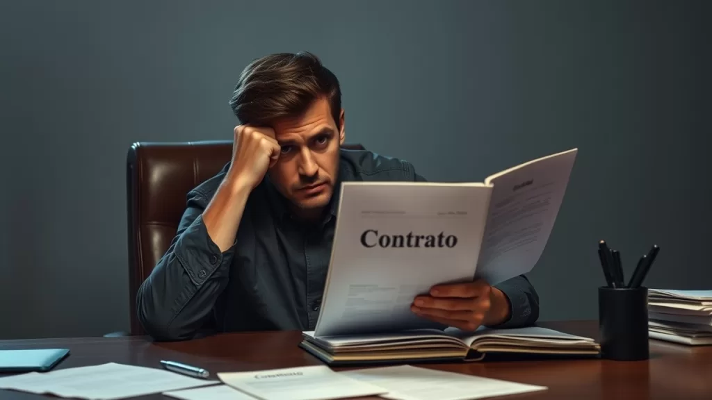 Pessoa analisando contrato de locação com dúvida sobre cláusulas