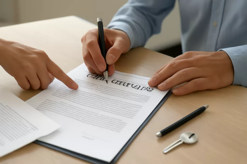 Foto estilizada de um contrato de aluguel sendo assinado, reforçando segurança jurídica