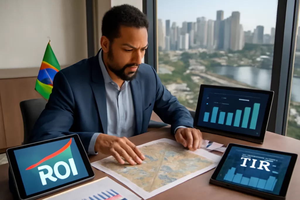 Investidor analisando mapas e gráficos de imóveis em ambiente moderno, transmitindo estratégia e confiança