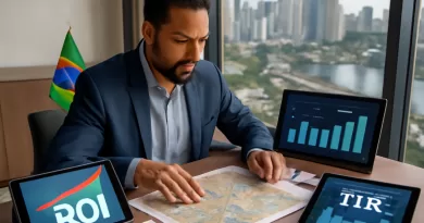 Investidor analisando mapas e gráficos de imóveis em ambiente moderno, transmitindo estratégia e confiança