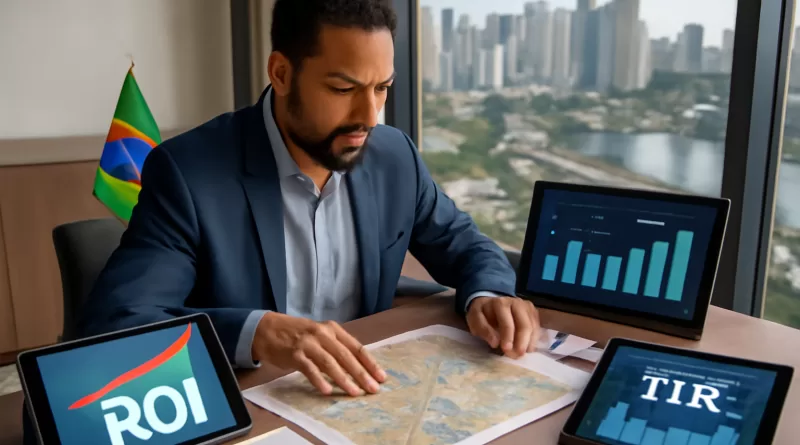 Investidor analisando mapas e gráficos de imóveis em ambiente moderno, transmitindo estratégia e confiança