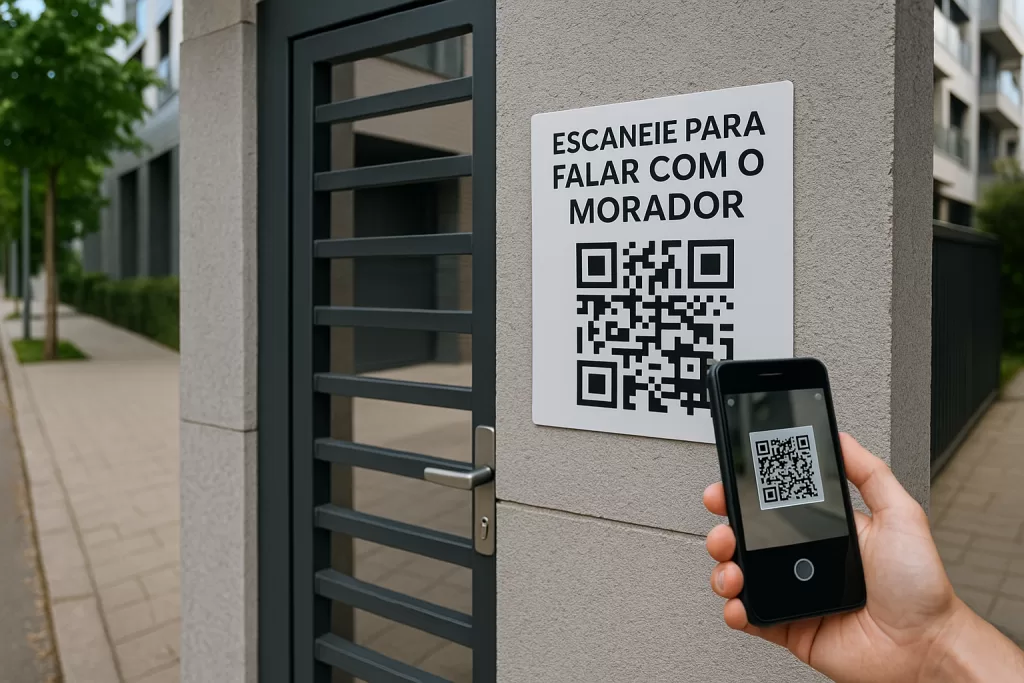 : Entrada de condomínio com placa de QR Code visível e visitante usando smartphone para escanear