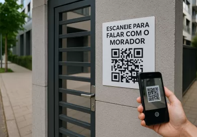 : Entrada de condomínio com placa de QR Code visível e visitante usando smartphone para escanear