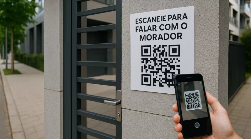 : Entrada de condomínio com placa de QR Code visível e visitante usando smartphone para escanear