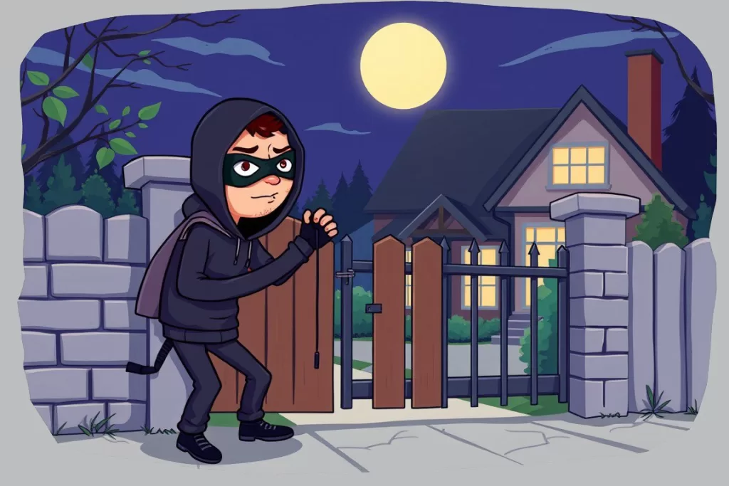 Ilustração caricata de um ladrão tentando arrombar o portão de uma casa à noite