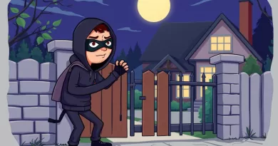 Ilustração caricata de um ladrão tentando arrombar o portão de uma casa à noite