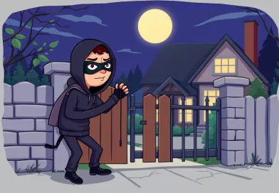 Ilustração caricata de um ladrão tentando arrombar o portão de uma casa à noite