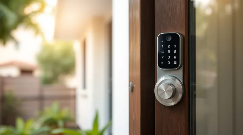 Porta com fechadura tetra em foco, simbolizando segurança em imóvel alugado