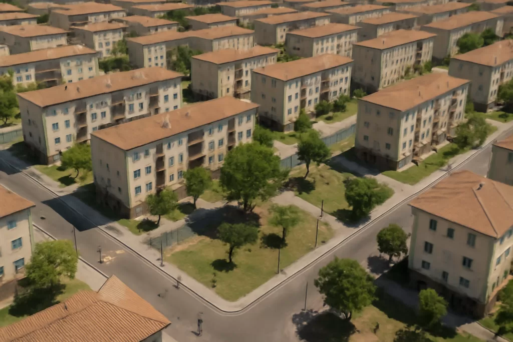 Vista aérea de conjunto habitacional de interesse social em São Paulo.