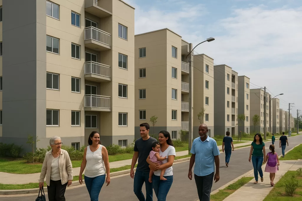 Grupo de pessoas segurando cartazes sobre o direito à moradia digna.