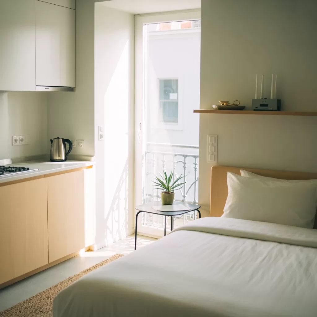 : Kitnets mobiliadas para locação em ambiente urbano.