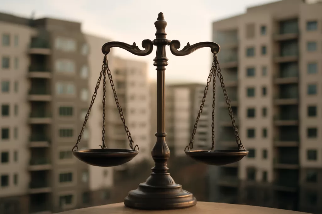 Balança da justiça diante de prédios residenciais.