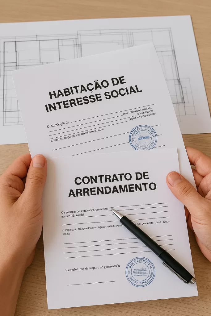 Contrato e carimbo de aprovação de imóvel HIS.