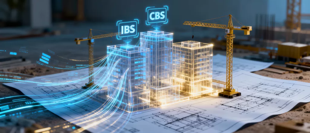 Representação visual da nova estrutura tributária brasileira de 2026 com destaque para o setor imobiliário.