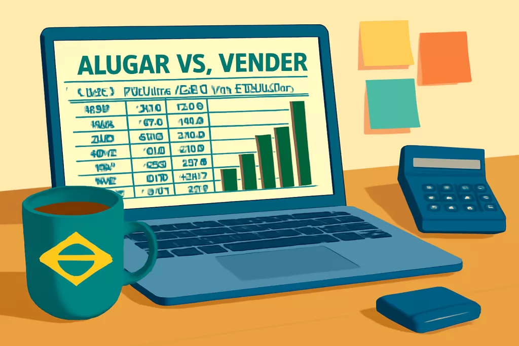 Planilha detalhada comparando aluguel e venda de imóvel, com gráficos e cálculos à mostra
